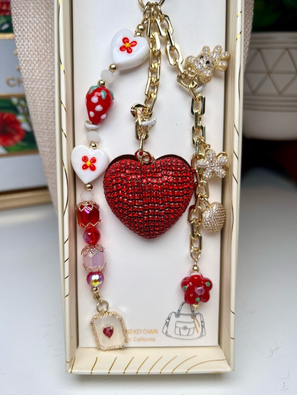 Eye Candy Los Angeles Red Heart Rhinestone Charm Keychain - Strawberry 🍓 & Bear - Picture 4 of 4